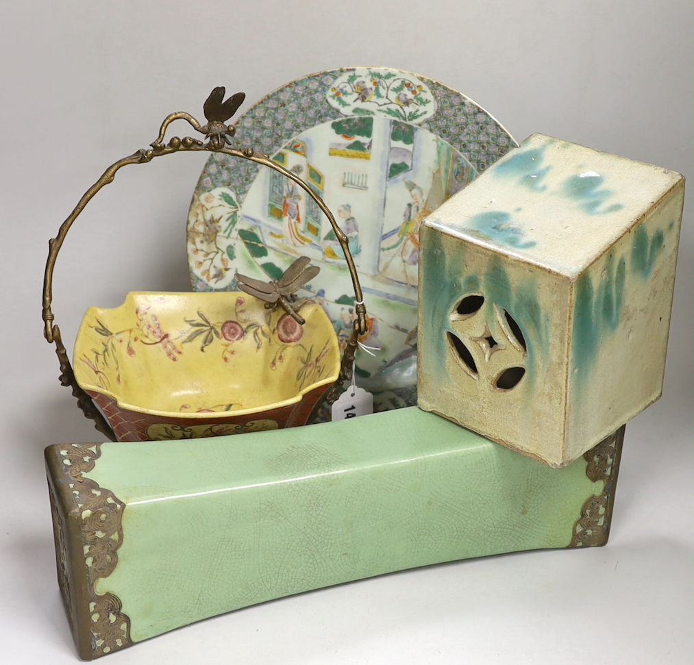 A 19th century Chinese famille verte plate, a Shirvan incense burner, a pottery pillow and a metal mounted bowl 32cm high (4)